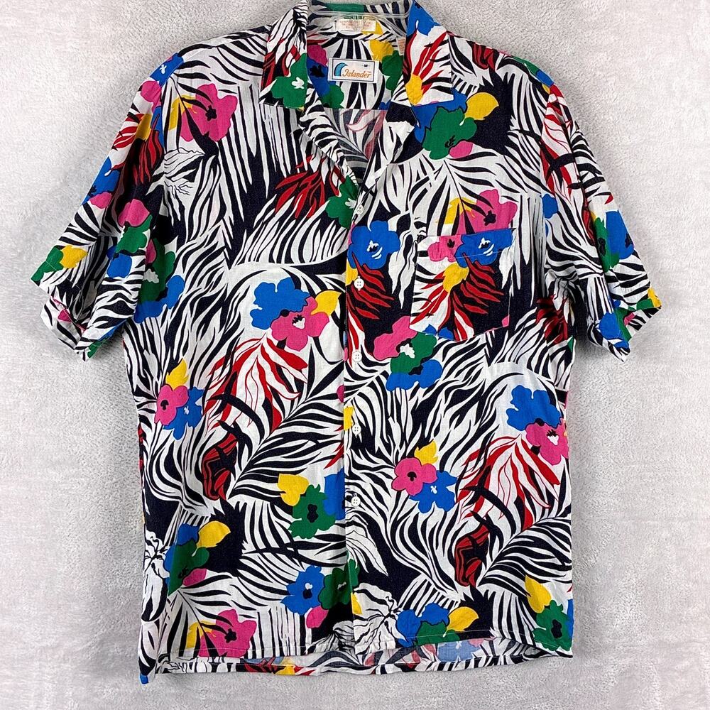 VTG Islander Hawaiian Shirt Mens M Multicolor Rayon Floral Palm Aloha Tiki 80s